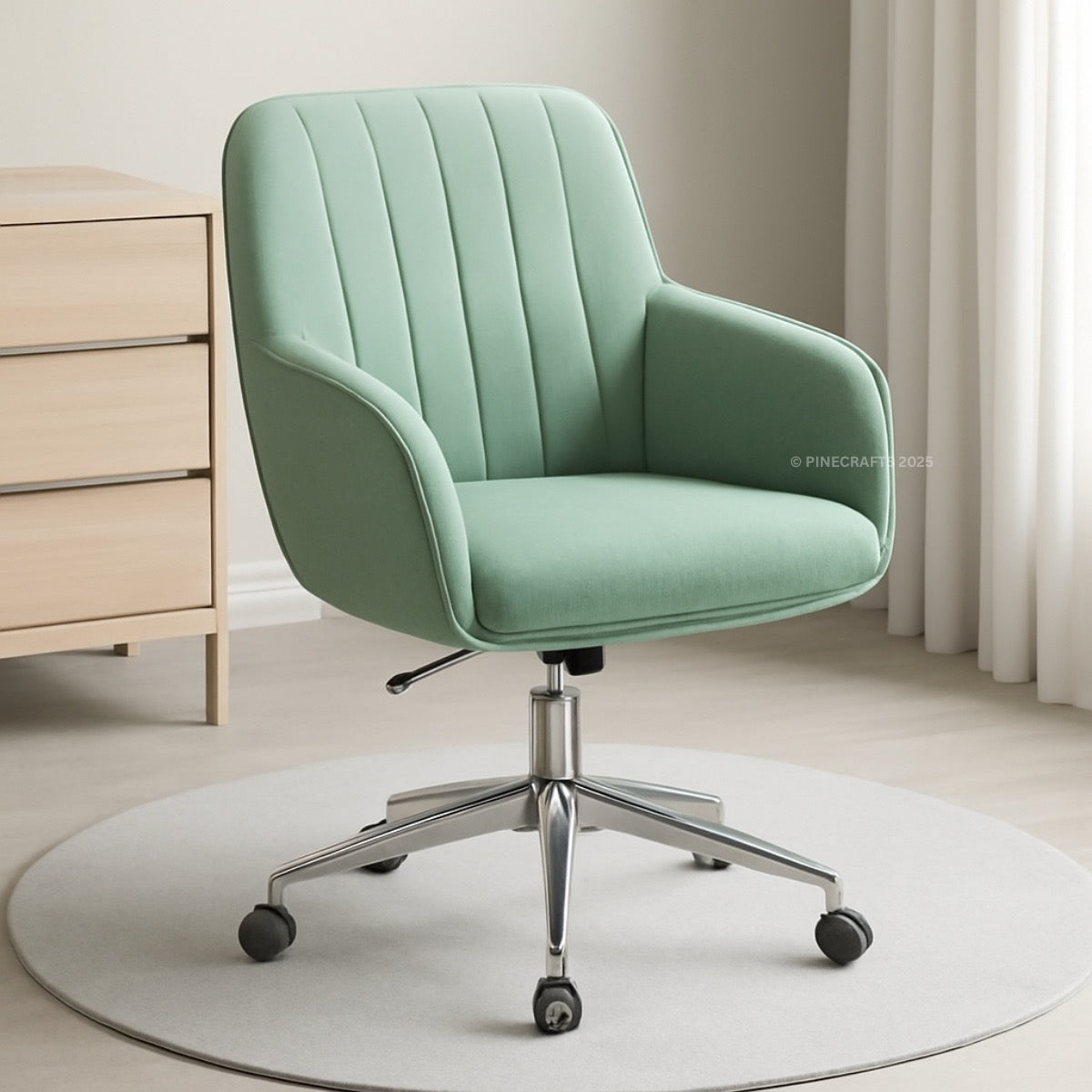 Green office chair with a beige drawer and white floor in the background